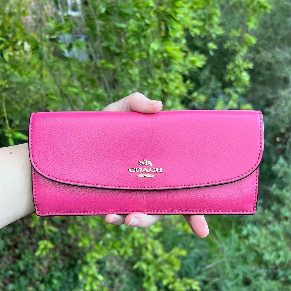 VINTAGE COACH Women’s Pink Crossgrain Leather Slim Envelope Wallet Gold Hardware